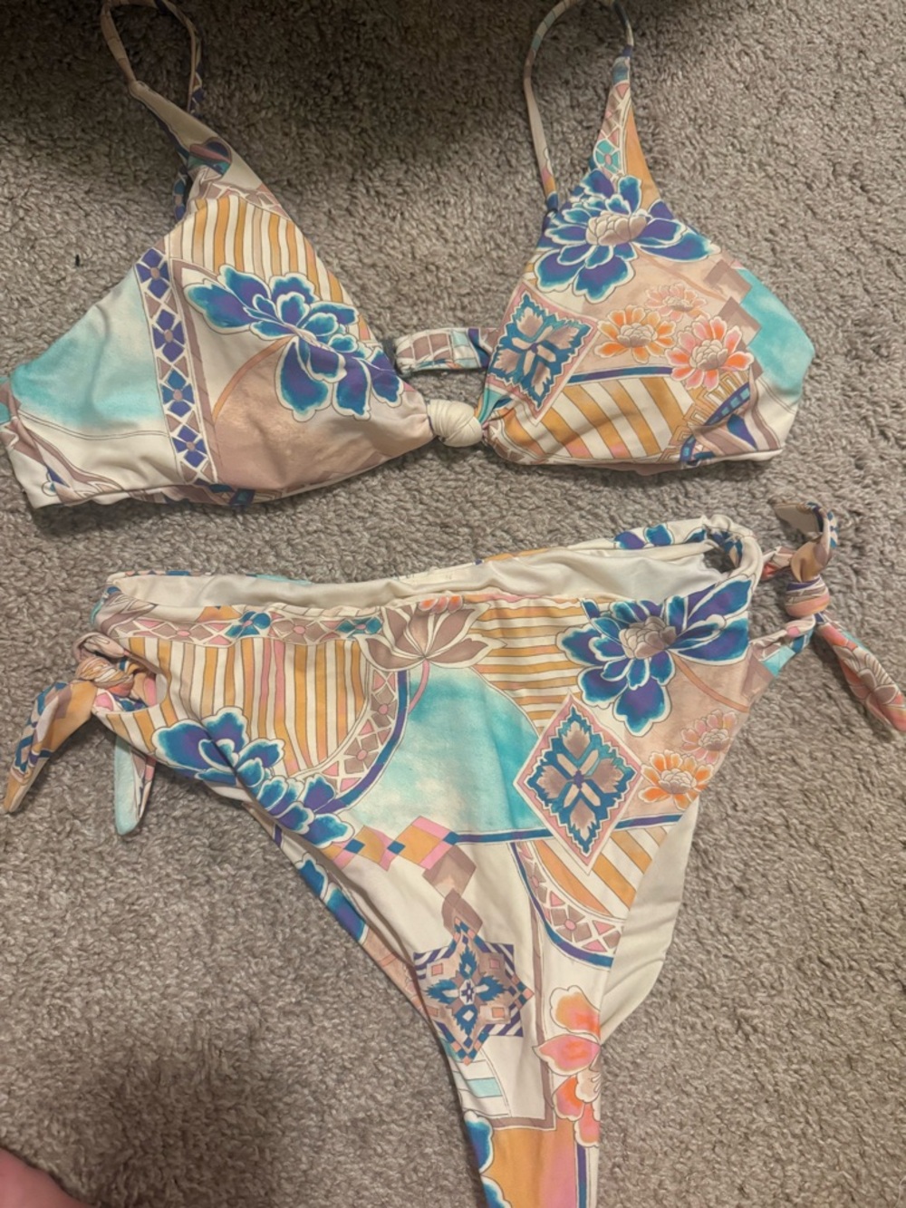 O'Neill Zephora Bikini in Teal, Blue, Peach, and Cream